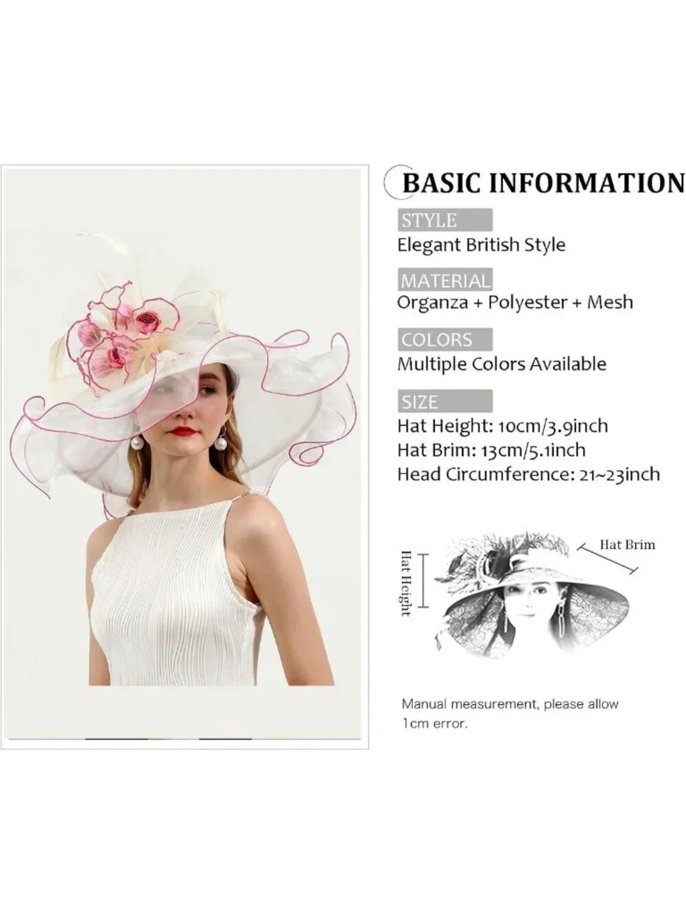 Elegant Wide Brim Women's Church Hat with Leaf & Flower for Derby & Bridal